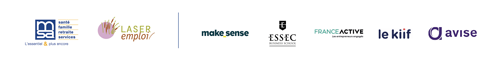 Logos de la MSA, de LASER Emploi, de Make sense, de l'ESSEC, de France Active, Le Kiif, Avise